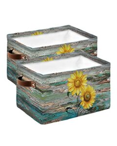 2 pcs large storage basket bins waterproof fabric, turquoise teal sunflower rectangular storage box for shelf closet organizer vintage wood grain newspaper