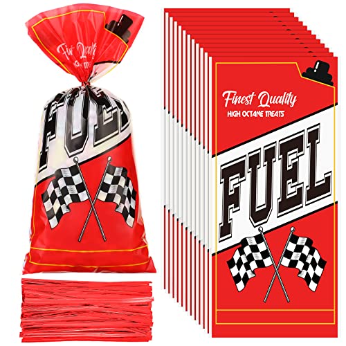 100 Pcs Race Car Fuel Can Popcorn Treat Bags Racing Car Cellophane Candy Bags Cookie Snacks Bags with Twist Checkered Racing Flag Bags Racing Theme Decorations Racing Car Birthday Party Supplies