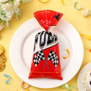 100 Pcs Race Car Fuel Can Popcorn Treat Bags Racing Car Cellophane Candy Bags Cookie Snacks Bags with Twist Checkered Racing Flag Bags Racing Theme Decorations Racing Car Birthday Party Supplies