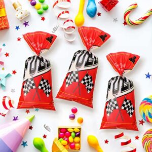 100 Pcs Race Car Fuel Can Popcorn Treat Bags Racing Car Cellophane Candy Bags Cookie Snacks Bags with Twist Checkered Racing Flag Bags Racing Theme Decorations Racing Car Birthday Party Supplies