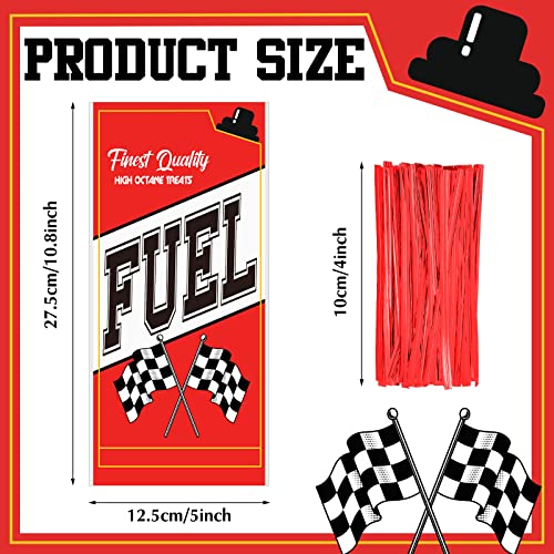 100 Pcs Race Car Fuel Can Popcorn Treat Bags Racing Car Cellophane Candy Bags Cookie Snacks Bags with Twist Checkered Racing Flag Bags Racing Theme Decorations Racing Car Birthday Party Supplies