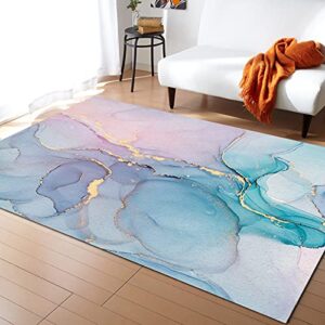 abstract marble modern pink blue and golden marble art textured rectangular area rug non-slip stain-proof household sofa floor mat bedroom bedside carpet for living dining room,2x3 feet
