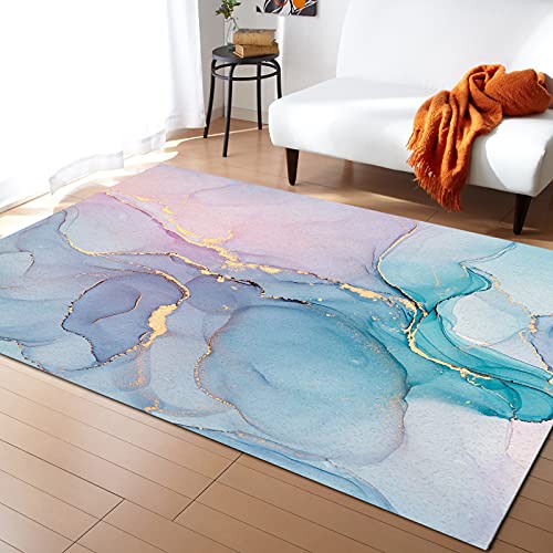 Abstract Marble Modern Pink Blue and Golden Marble Art Textured Rectangular Area Rug Non-Slip Stain-Proof Household Sofa Floor Mat Bedroom Bedside Carpet for Living Dining Room,2x3 Feet