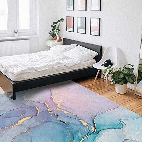 Abstract Marble Modern Pink Blue and Golden Marble Art Textured Rectangular Area Rug Non-Slip Stain-Proof Household Sofa Floor Mat Bedroom Bedside Carpet for Living Dining Room,2x3 Feet