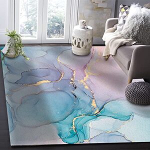 Abstract Marble Modern Pink Blue and Golden Marble Art Textured Rectangular Area Rug Non-Slip Stain-Proof Household Sofa Floor Mat Bedroom Bedside Carpet for Living Dining Room,2x3 Feet