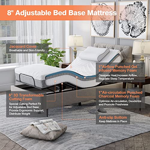 KOMFOTT 8 Inch Adjustable Bed Mattress Twin XL, 3D Transformable Cutting Mattress with Cool Gel Infused Memory Foam & Bamboo Charcoal Memory Foam, Mattress in a Box with CertiPUR-US Certified