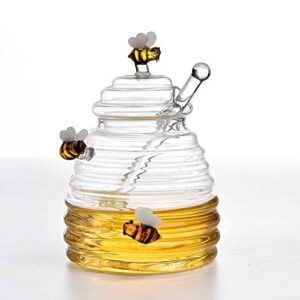 Mersuii 300 ML Honey Dish Honey Jar with Dipper and Lid Large Glass Jar Honey Pot Wooden Honey Dippers Glass Honey Dispenser Containers for Store Honey Syrup Jam Jelly Home Kitchen