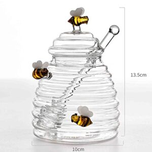 Mersuii 300 ML Honey Dish Honey Jar with Dipper and Lid Large Glass Jar Honey Pot Wooden Honey Dippers Glass Honey Dispenser Containers for Store Honey Syrup Jam Jelly Home Kitchen