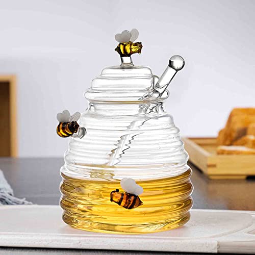 Mersuii 300 ML Honey Dish Honey Jar with Dipper and Lid Large Glass Jar Honey Pot Wooden Honey Dippers Glass Honey Dispenser Containers for Store Honey Syrup Jam Jelly Home Kitchen