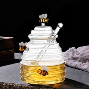 Mersuii 300 ML Honey Dish Honey Jar with Dipper and Lid Large Glass Jar Honey Pot Wooden Honey Dippers Glass Honey Dispenser Containers for Store Honey Syrup Jam Jelly Home Kitchen