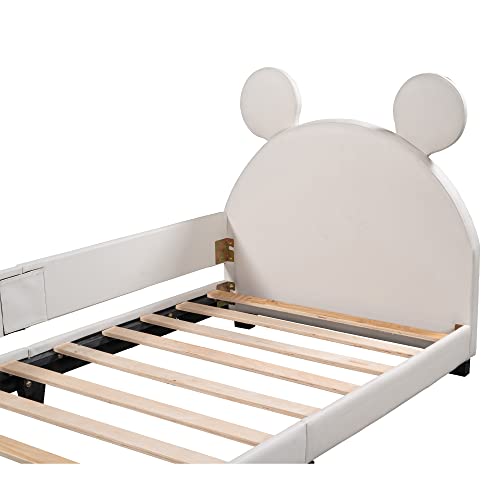 Merax Kid Twin Upholstered Day Bed Frame for Kids Boys Girls, Wood Platform Bed with Mouse Ears Headboard for Living Room Bedroom,Easy Assemble (Twin,White)