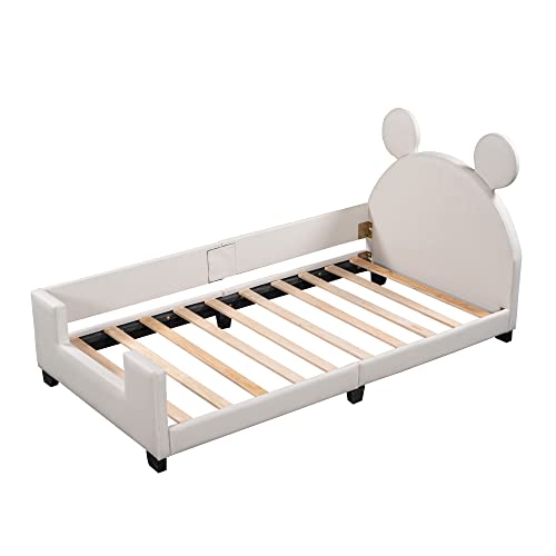 Merax Kid Twin Upholstered Day Bed Frame for Kids Boys Girls, Wood Platform Bed with Mouse Ears Headboard for Living Room Bedroom,Easy Assemble (Twin,White)