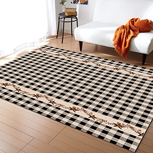 Microfiber Rubber Backing Non-Slip Area Rug - Washable Durable 5x7 Feet Indoor Felt Carpet - Vintage Western Texas Star Primitive Berries Black Buffalo Checkered Plaid Entry Carpets for Home Bedroom