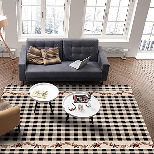 Microfiber Rubber Backing Non-Slip Area Rug - Washable Durable 5x7 Feet Indoor Felt Carpet - Vintage Western Texas Star Primitive Berries Black Buffalo Checkered Plaid Entry Carpets for Home Bedroom
