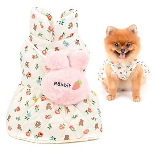 SMALLLEE_LUCKY_STORE Pet Clothes Girls Puppy Cotton Padded Floral Winter Dress Fleece Lind for Small Medium Dog Cat with Cute Rabbit Bag Yorkie Chihuahua Warm Apparel,White,M