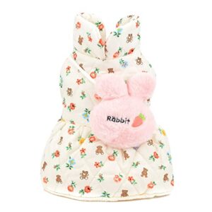 SMALLLEE_LUCKY_STORE Pet Clothes Girls Puppy Cotton Padded Floral Winter Dress Fleece Lind for Small Medium Dog Cat with Cute Rabbit Bag Yorkie Chihuahua Warm Apparel,White,M