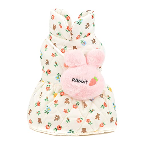 SMALLLEE_LUCKY_STORE Pet Clothes Girls Puppy Cotton Padded Floral Winter Dress Fleece Lind for Small Medium Dog Cat with Cute Rabbit Bag Yorkie Chihuahua Warm Apparel,White,M