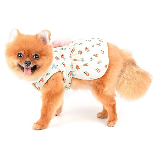 SMALLLEE_LUCKY_STORE Pet Clothes Girls Puppy Cotton Padded Floral Winter Dress Fleece Lind for Small Medium Dog Cat with Cute Rabbit Bag Yorkie Chihuahua Warm Apparel,White,M