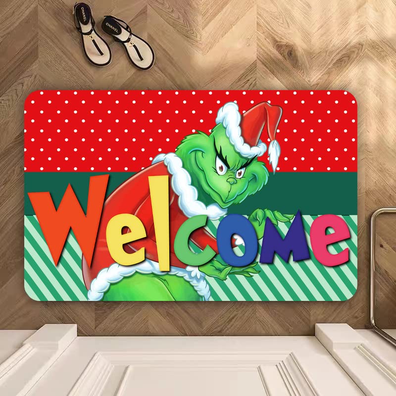 EVECLIOO Christmas Door Mat, Green Cartoon Character Car Kitchen Rug Decor of Winter Holiday Party Home Decorations Non-Slip, Washable, Stain and Resistant Fade, Welcome