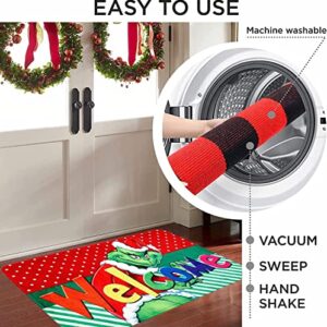 EVECLIOO Christmas Door Mat, Green Cartoon Character Car Kitchen Rug Decor of Winter Holiday Party Home Decorations Non-Slip, Washable, Stain and Resistant Fade, Welcome