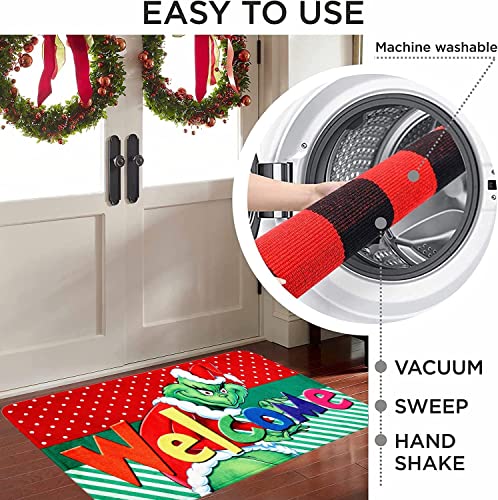 EVECLIOO Christmas Door Mat, Green Cartoon Character Car Kitchen Rug Decor of Winter Holiday Party Home Decorations Non-Slip, Washable, Stain and Resistant Fade, Welcome