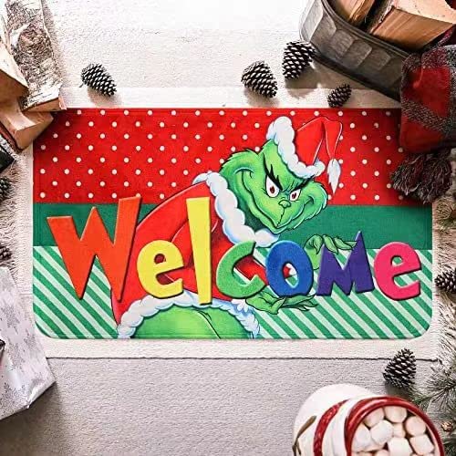 EVECLIOO Christmas Door Mat, Green Cartoon Character Car Kitchen Rug Decor of Winter Holiday Party Home Decorations Non-Slip, Washable, Stain and Resistant Fade, Welcome