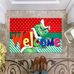 EVECLIOO Christmas Door Mat, Green Cartoon Character Car Kitchen Rug Decor of Winter Holiday Party Home Decorations Non-Slip, Washable, Stain and Resistant Fade, Welcome