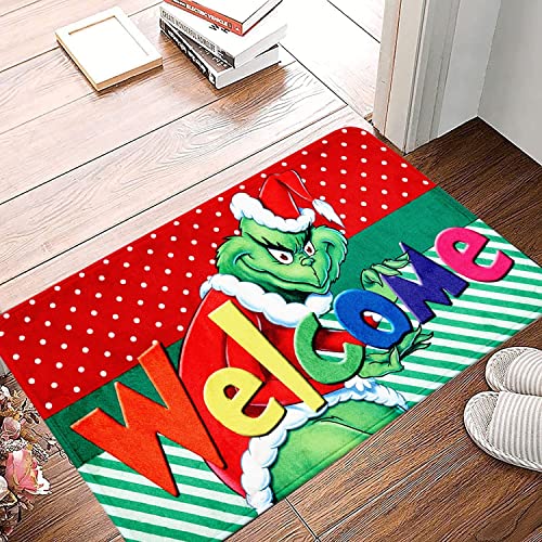 EVECLIOO Christmas Door Mat, Green Cartoon Character Car Kitchen Rug Decor of Winter Holiday Party Home Decorations Non-Slip, Washable, Stain and Resistant Fade, Welcome