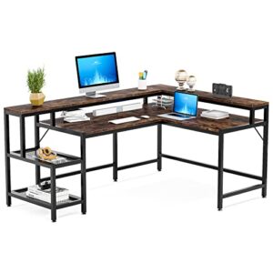 little tree l-shaped computer desk, extra large, brown