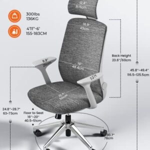 Dripex Mesh Office Chair for Home, Ergonomic Desk Chair with Arms/Lumbar Support/Mesh Back/Adjustable Headrest & Height/Wheels, Computer Chairs Tilt Reclining Swivel Rolling Chair, Grey