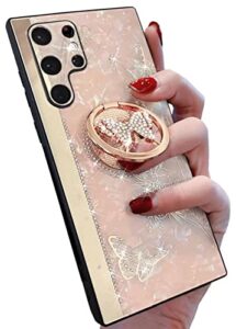 for samsung galaxy s23 ultra case for women girls,luxury cute bling diamond butterfly flower design with ring stand,plating glitter girly hard back phone case for samsung s23 ultra 5g pink