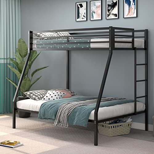 Giantex Bunk Bed Twin Over Full Size, Metal Bunk Bed w/Removable Ladder & Steel Frame Support, Space-Saving Triple Bunk Bed for Boys Girls Adults, Noise Free, No Box Spring Needed, Black