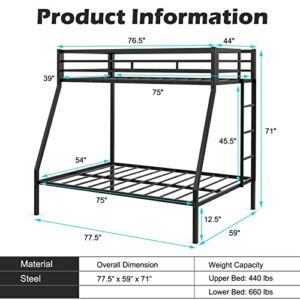 Giantex Bunk Bed Twin Over Full Size, Metal Bunk Bed w/Removable Ladder & Steel Frame Support, Space-Saving Triple Bunk Bed for Boys Girls Adults, Noise Free, No Box Spring Needed, Black