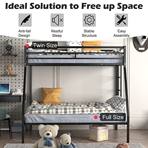 Giantex Bunk Bed Twin Over Full Size, Metal Bunk Bed w/Removable Ladder & Steel Frame Support, Space-Saving Triple Bunk Bed for Boys Girls Adults, Noise Free, No Box Spring Needed, Black