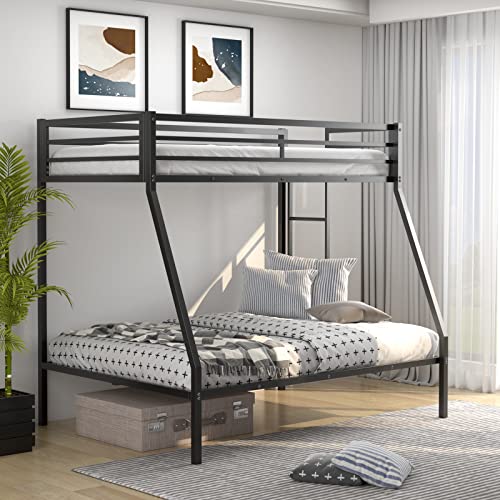 Giantex Bunk Bed Twin Over Full Size, Metal Bunk Bed w/Removable Ladder & Steel Frame Support, Space-Saving Triple Bunk Bed for Boys Girls Adults, Noise Free, No Box Spring Needed, Black