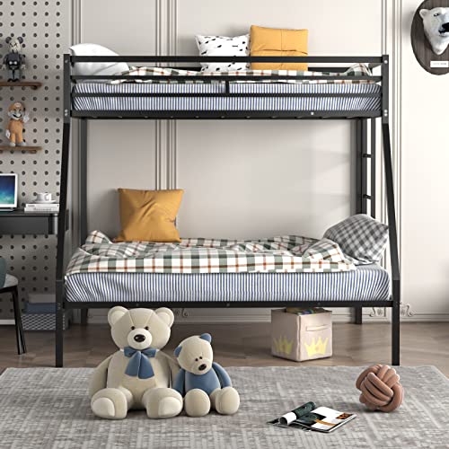 Giantex Bunk Bed Twin Over Full Size, Metal Bunk Bed w/Removable Ladder & Steel Frame Support, Space-Saving Triple Bunk Bed for Boys Girls Adults, Noise Free, No Box Spring Needed, Black