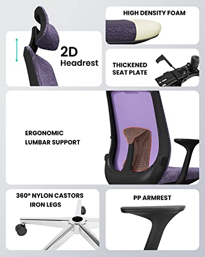 Dripex Mesh Office Chair for Home, Ergonomic Desk Chair with Arms/Lumbar Support/Mesh Back/Adjustable Headrest & Height/Wheels, Computer Chairs Tilt Reclining Swivel Rolling Chair, Purple