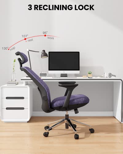 Dripex Mesh Office Chair for Home, Ergonomic Desk Chair with Arms/Lumbar Support/Mesh Back/Adjustable Headrest & Height/Wheels, Computer Chairs Tilt Reclining Swivel Rolling Chair, Purple