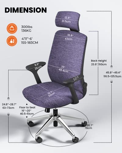 Dripex Mesh Office Chair for Home, Ergonomic Desk Chair with Arms/Lumbar Support/Mesh Back/Adjustable Headrest & Height/Wheels, Computer Chairs Tilt Reclining Swivel Rolling Chair, Purple