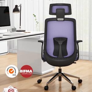 Dripex Mesh Office Chair for Home, Ergonomic Desk Chair with Arms/Lumbar Support/Mesh Back/Adjustable Headrest & Height/Wheels, Computer Chairs Tilt Reclining Swivel Rolling Chair, Purple