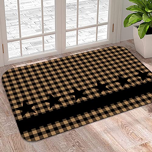 Indoor Door Mat Welcome Entryway Rug Western Star Country Style Buffalo Plaid Non Slip Floor Doormats Absorbent Bath Rugs Black Stars Striped on Checker Carpet for Front/Back Doors