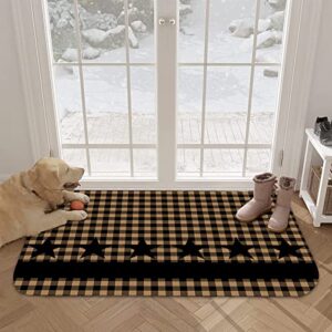 Indoor Door Mat Welcome Entryway Rug Western Star Country Style Buffalo Plaid Non Slip Floor Doormats Absorbent Bath Rugs Black Stars Striped on Checker Carpet for Front/Back Doors