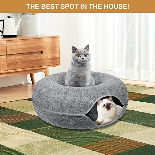 Cat Tunnel Bed, Cat Cave Bed ，Beds for Indoor Cats - Large Cat House for Pet Cat Cave ，Detachable Round Felt & Washable Interior Cat Play Tunnel for Small Pets (24 Inch, Dark Grey)