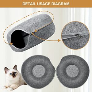 Cat Tunnel Bed, Cat Cave Bed ，Beds for Indoor Cats - Large Cat House for Pet Cat Cave ，Detachable Round Felt & Washable Interior Cat Play Tunnel for Small Pets (24 Inch, Dark Grey)