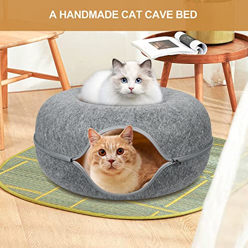 Cat Tunnel Bed, Cat Cave Bed ，Beds for Indoor Cats - Large Cat House for Pet Cat Cave ，Detachable Round Felt & Washable Interior Cat Play Tunnel for Small Pets (24 Inch, Dark Grey)