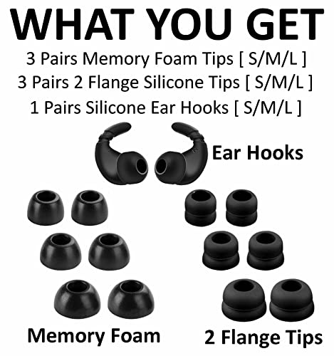 Ear Hooks Memory Foam Ear Tips Kits Compatible with Beats Studio Buds, Anti-Slip Comfortable Noise Reduce Double Flange Eartips Accessories Compatible with Beats Studio Buds Black L/M/S