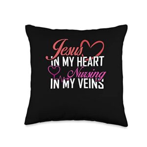 jesus in my heart nursing in veins cna nurse gift jesus in my heart veins | cna registered nurse throw pillow, 16x16, multicolor