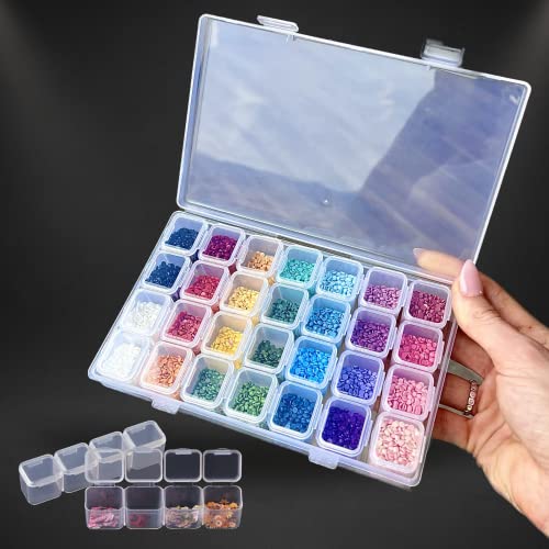 Modern Merch Diamond Art Accessories and Tools Bead Storage Organizer, Portable 28 Grid Box with Individual Lids, Transparent Bead Travel Case Diamond Painting Accessories for Diamond Art Storage