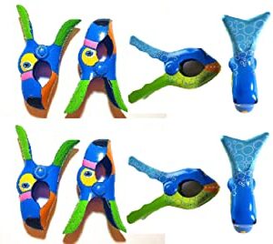 4 Set (8 Ct) 2X Blue Toucan / 2X Bubble Fish Beach Towel Clips Jumbo Size for Beach Chair, Cruise Beach Patio, Pool Accessories for Chairs, Household Clip, Baby Stroller