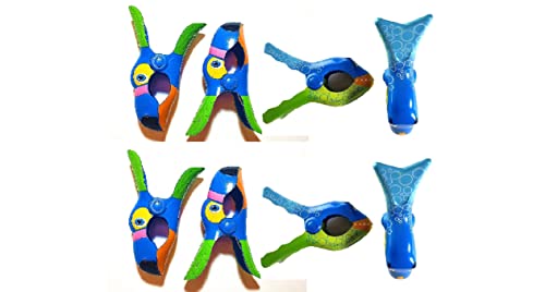 4 Set (8 Ct) 2X Blue Toucan / 2X Bubble Fish Beach Towel Clips Jumbo Size for Beach Chair, Cruise Beach Patio, Pool Accessories for Chairs, Household Clip, Baby Stroller